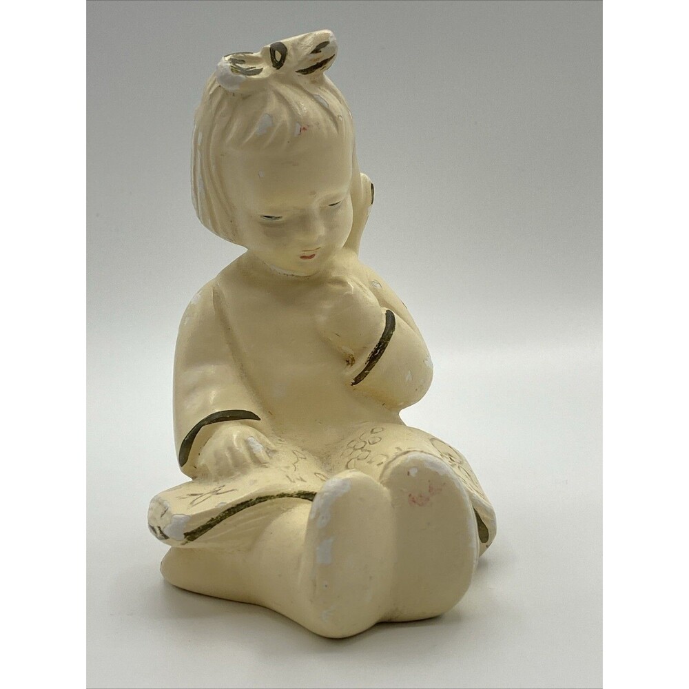Vintage Chalkware Figurine Girl Reading Alphabet Sitting Coventry Ware
